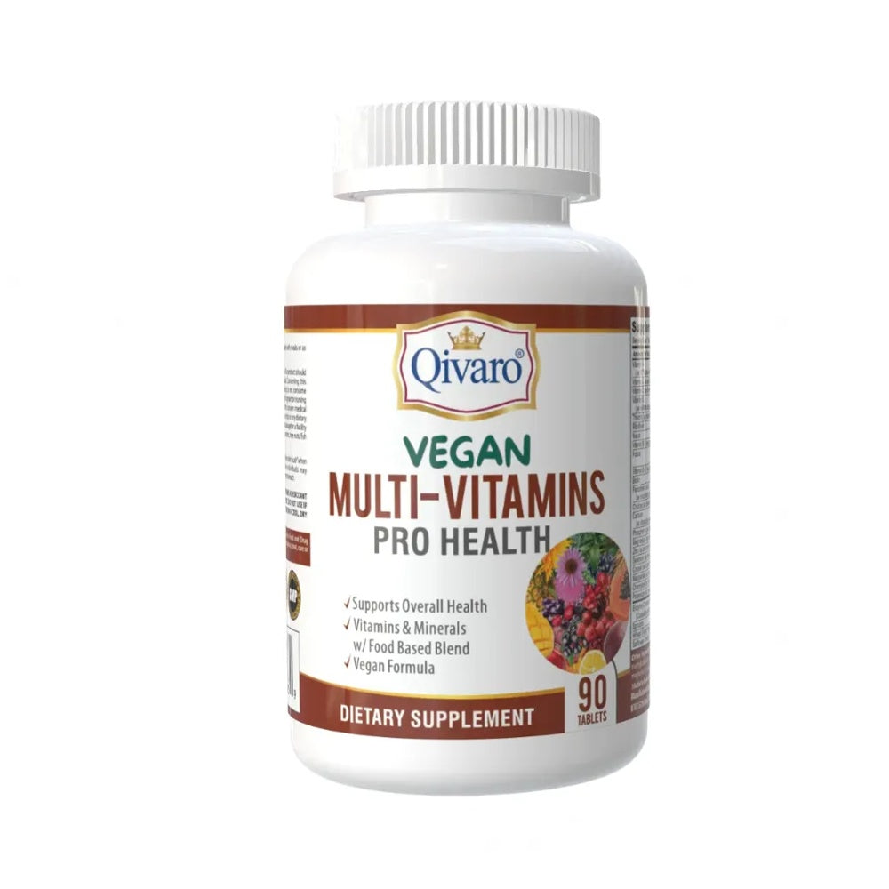 Qivaro Vegan Multi-Vitamins supplement bottle surrounded by fruits and vegetables — vegan-friendly vitamin and mineral blend.